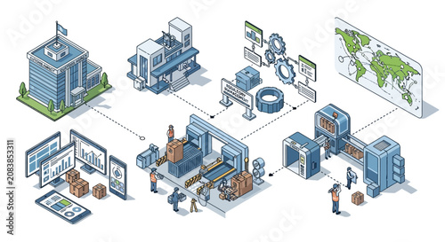 Isometric Illustration of Smart Manufacturing and Supply Chain Management Process.
