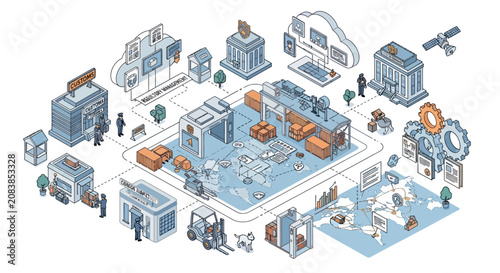 Isometric illustration of smart logistics warehouse and supply chain management network.