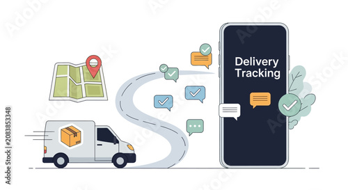 Delivery tracking service concept with van and mobile application.