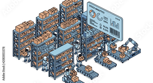 Isometric warehouse logistics with robots and automated sorting systems.