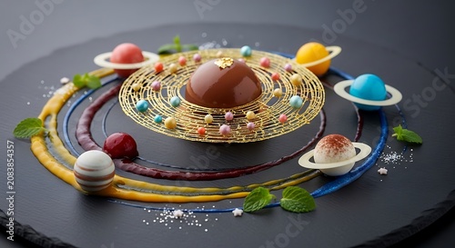 Chocolate planet dessert featuring artistic pastry spheres arranged like a solar system on a dark slate plate with colorful sauces