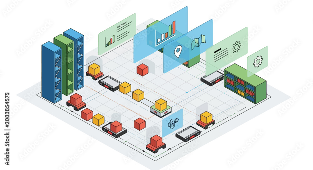 Fototapeta premium Isometric Data Center Infrastructure with Digital Network Nodes and Analytics Interface.