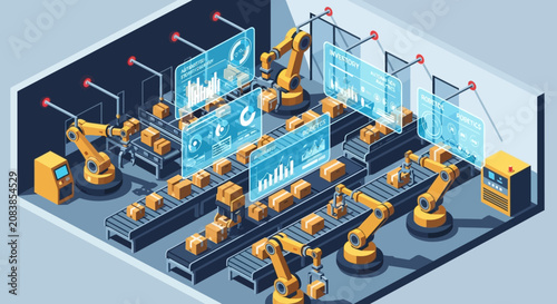 Isometric view of an automated robotic production factory line.