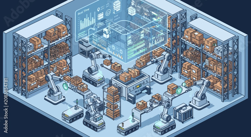 Automated warehouse logistics center with robotic arms and mobile robots in isometric view.