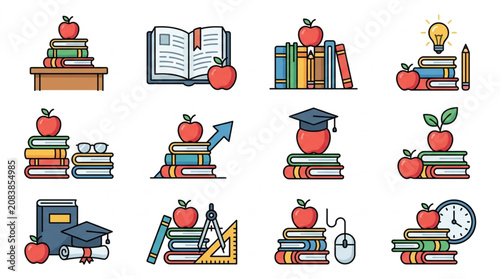 Fotografie Collection of educational icons featuring books apples and graduation caps
