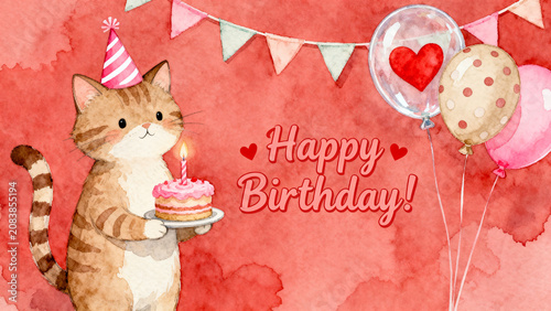 Cute Watercolor Tabby Cat Wearing Party Hat Holding Birthday Cake Festive Celebration Illustration for Greeting Cards and Party Decorations