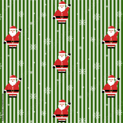 Obraz na plátně Christmas seamless pattern with Santa and white snowflakes on green striped