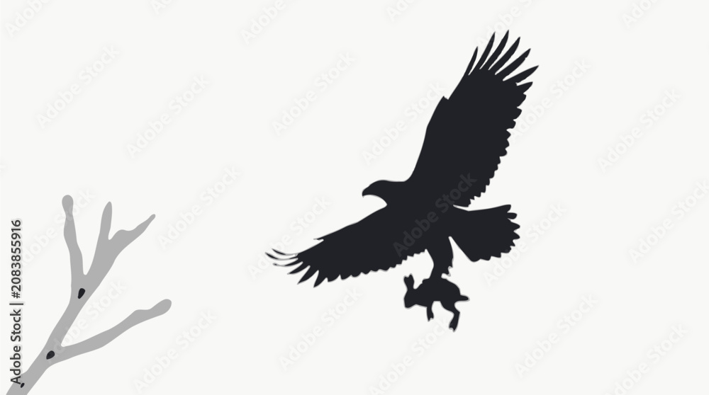 Obraz premium Silhouette of a massive hunting eagle flying through the air carrying a caught rabbit prey in its talons
