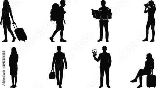 Collection of travel silhouettes featuring tourists with luggage, backpacks, maps, cameras, and boarding passes isolated on white background