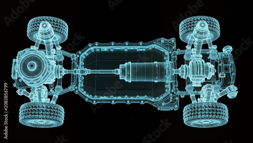 Electric Vehicle Transmission Blueprint with Integrated Drive Unit and Chassis Wireframe Visualization