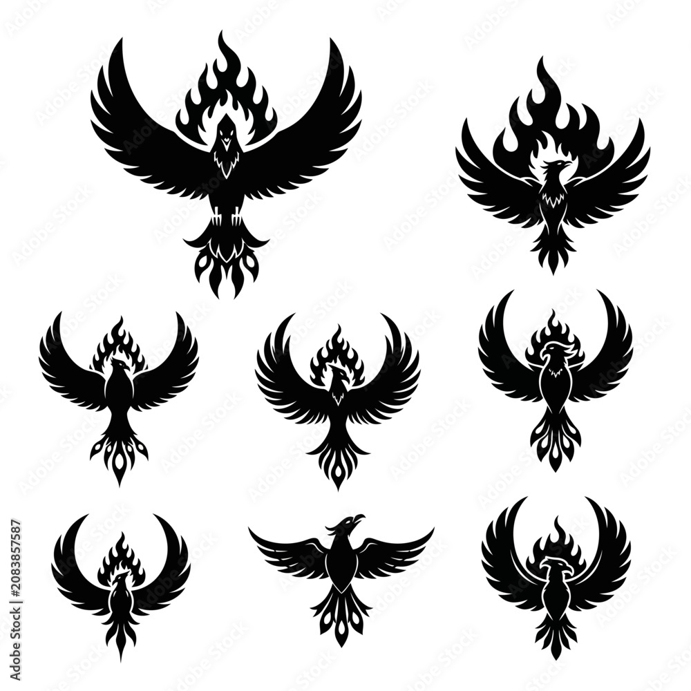 Naklejka premium Collection of Black Phoenix Silhouettes with Flames, Vector Illustration