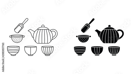 Fotografía Vector set of tea kettles and cups with infuser and brush illustration
