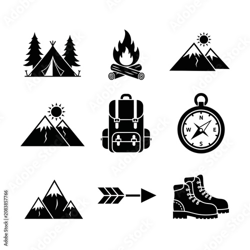Camping and Adventure Icons: Tent, Mountains, Backpack, Arrow, Campfire