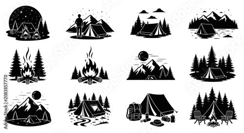 Camping and Campfire Vector Icons: Nature, Adventure, and Outdoor Lifestyle