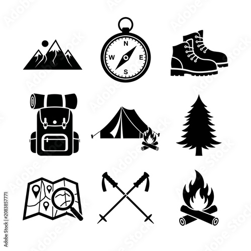 Camping and Hiking Icons: Backpack, Tent, Compass, Map, Poles, and Mountain