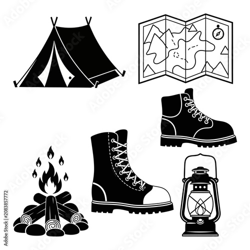Camping and Hiking Icons: Tent, Campfire, and Boot