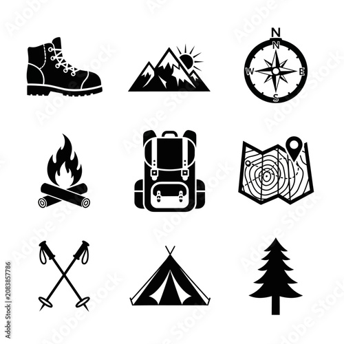 Camping and Hiking Icon Set: Backpack, Tent, Bonfire, Boots, and Poles