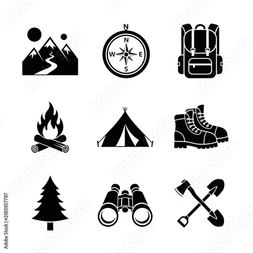 Camping and Outdoor Adventure Icons: Bonfire, Tent, Pine Tree, Binoculars, Compass, Mountain Road