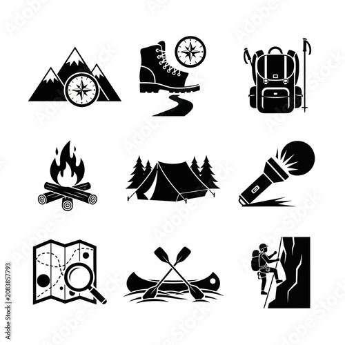 Camping and Outdoor Adventure Icons: Mountains, Compass, Campfire, Tent, Map, Canoe