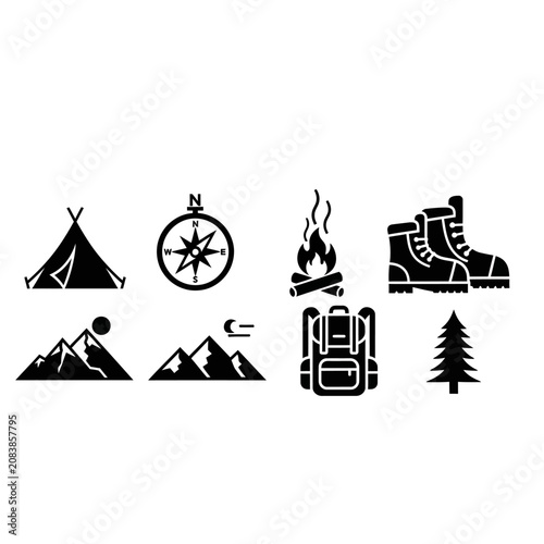 Camping and Outdoor Adventure Icons: Tent, Compass, Mountains, Campfire, Moon, Backpack