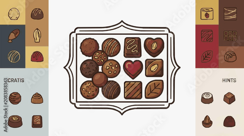 Chocolate truffle assortment in decorative box with samples.