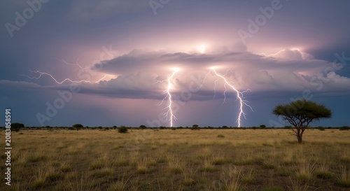 Lightning strikes hitting the ground during a dramatic thunderstorm over a vast dry grassy savanna landscape at night time