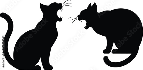 Schilderij op canvas Pair of aggressive black cats hissing and meowing at each other with silhouette