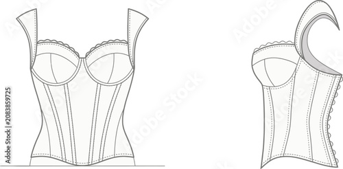 Cad drawing corset technical illustration front and side views for fashion design