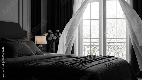 Elegant modern bedroom with flowing curtains beside a large window, showcasing cozy interior design, natural light, comfort, minimalist decor, and a peaceful residential atmosphere