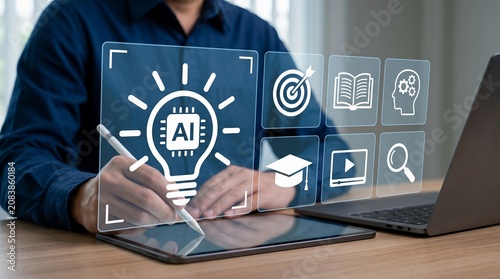 Smart Education Technology with AI Powered Learning. Interactive Learning Icons and Digital Knowledge Tools on Tablet for Personalized Study and Training