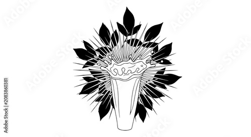 Photos Abstract liquid splash erupting from glass, surrounded by radiating leaves, black and white illustration