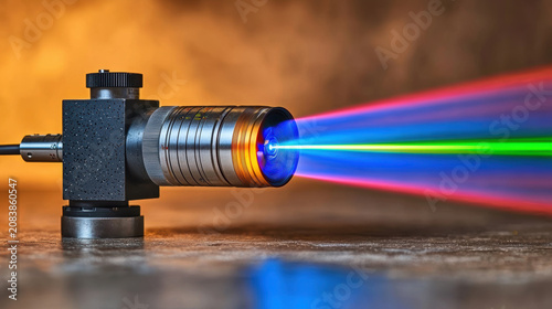 Laser device emitting colorful light beams with blue, green, and red rays on reflective surface in warm background