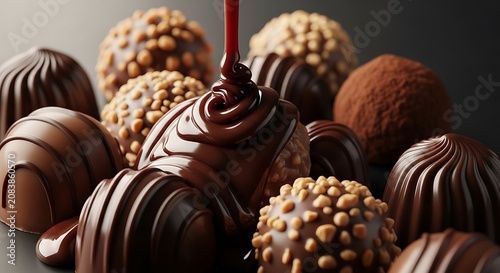 Chocolate truffles covered in rich melted syrup with various textures and shapes arranged on a dark elegant studio background