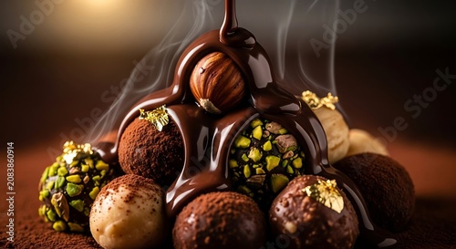 Delicious chocolate truffles topped with roasted hazelnuts and gold leaf with hot melted chocolate drizzling down in a studio shot