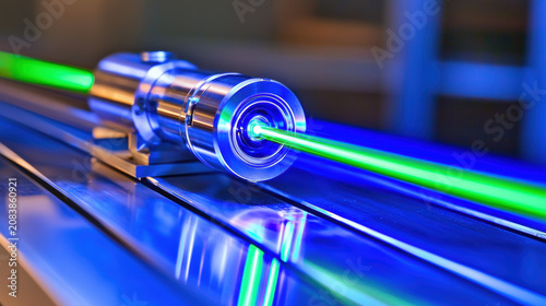 Green laser beam emitting from metallic device on reflective surface with blue light creating futuristic atmosphere