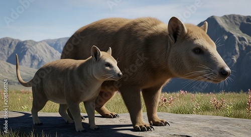 Prehistoric thylacine mother and young cub standing together on a rocky terrain with grassy mountains in the sunny background