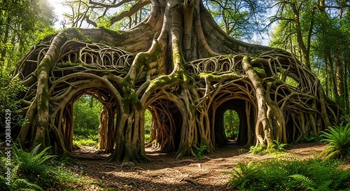 Massive ancient tree with intricate natural root arches forming a mystical tunnel in a lush green sunlit forest landscape setting