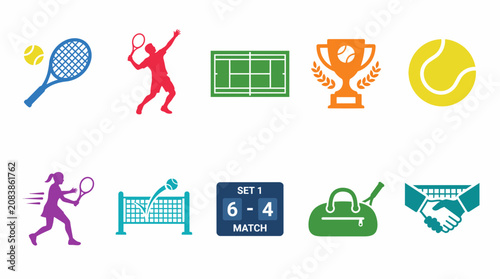 Tennis Sport Solid Icon Set Collection with Racket, Ball, Court and Trophy