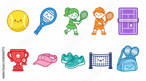 Cute Tennis Equipment Vector Icon Pack for Sports Tournament and Fitness Design