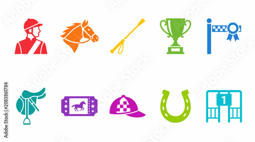 Horse Racing Solid Icon Set Collection with Jockey, Racehorse, Trophy and Racetrack