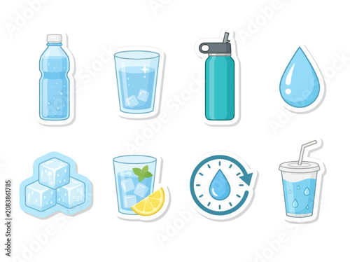 Cuadro en lienzo Healthy hydration sticker set with water bottle glass and ice cubes