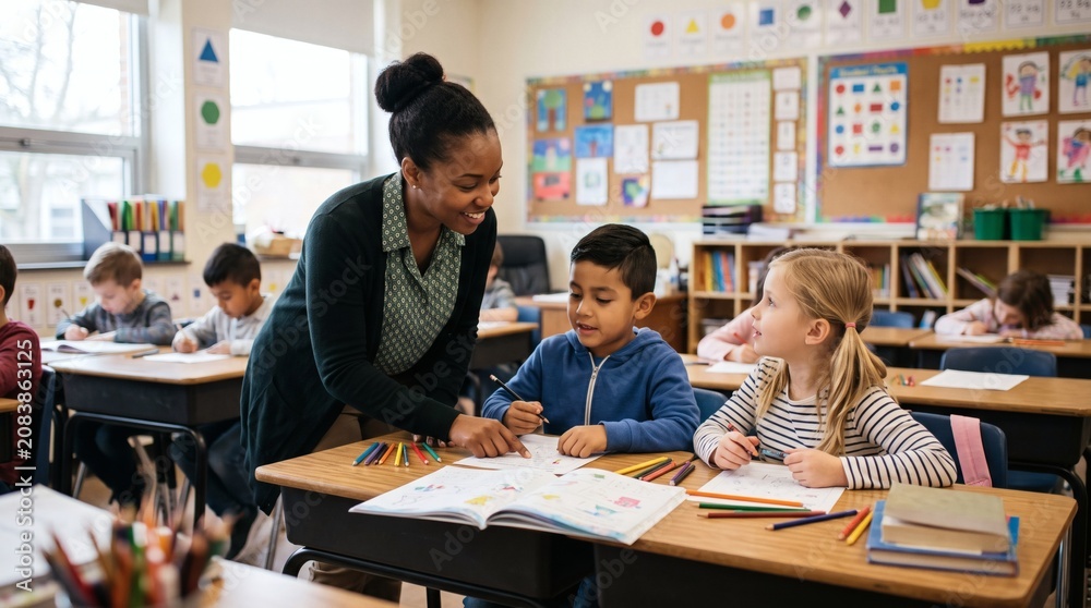 Obraz premium Smiling teacher assists young students with drawing and writing activities in a bright elementary school classroom setting