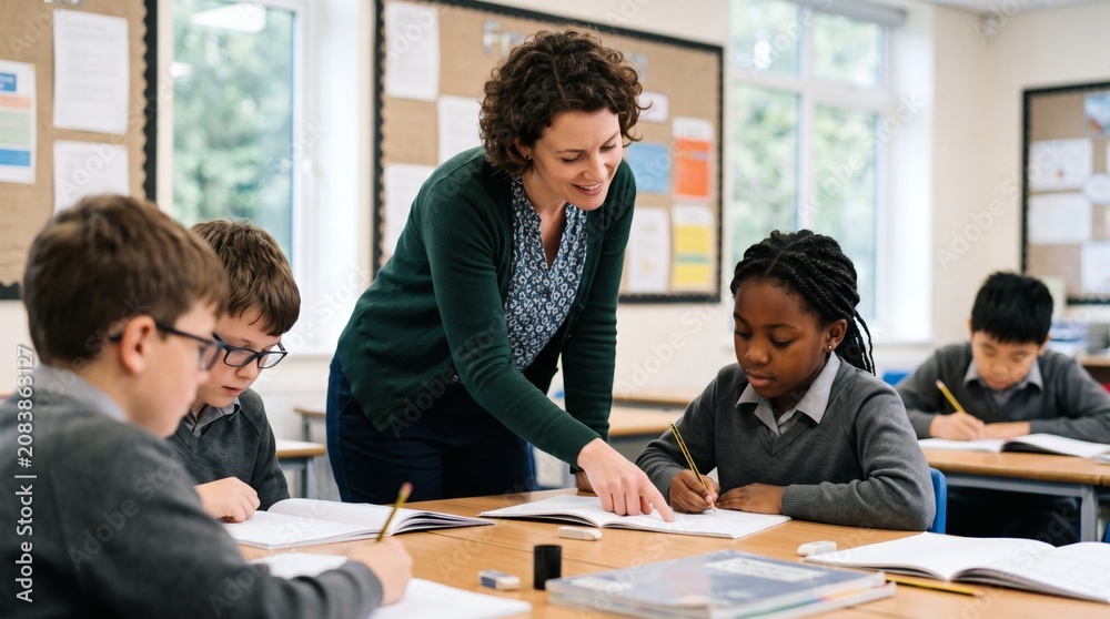 Fototapeta premium Teacher guiding diverse students in a classroom during a lesson, focusing on learning and education