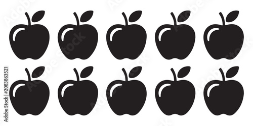 Vászonkép Collection of ten black apple icons arranged in two rows on white background, symbolizing fruit and healthy eating