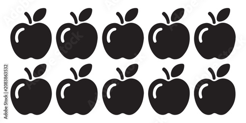 Row of ten identical black and white apple icons in a simple and consistent vector design style.