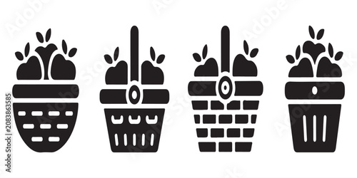 Set of four black silhouettes of woven baskets filled with fresh apples as harvest concept design for your projects.