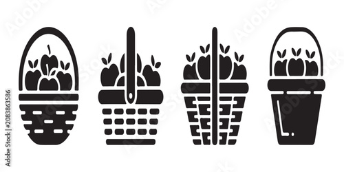 Four distinct black apple basket icons on white background, representing harvest and fresh fruit storage containers.