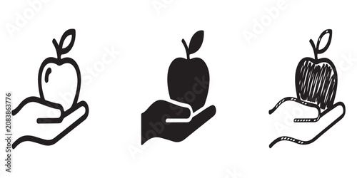 Set of three icons showing hand holding an apple in different artistic styles for health and wellness design work.