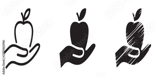 Minimalist apple icon hand holding fruit silhouette vector set showing healthy eating organic diet food concepts.