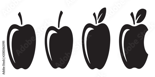 Vector silhouette of fresh apples with leaves including bitten apple icon for healthy snack and organic branding.